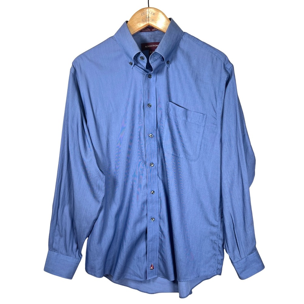 Nordstrom Mens Dress Shirt 15.5-33 LS Smartcare Button Down Blue Wrinkle Free